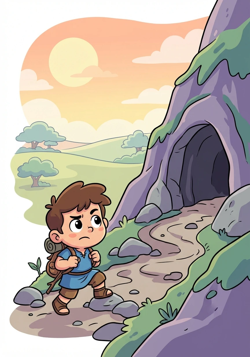 Συνέχισε τον ανηφορικό δρόμο προς τη σπηλιά του λύκου. Ήταν λίγο φοβισμένος, αλλά αποφασισμένος να φτάσει στον προορισμό του.