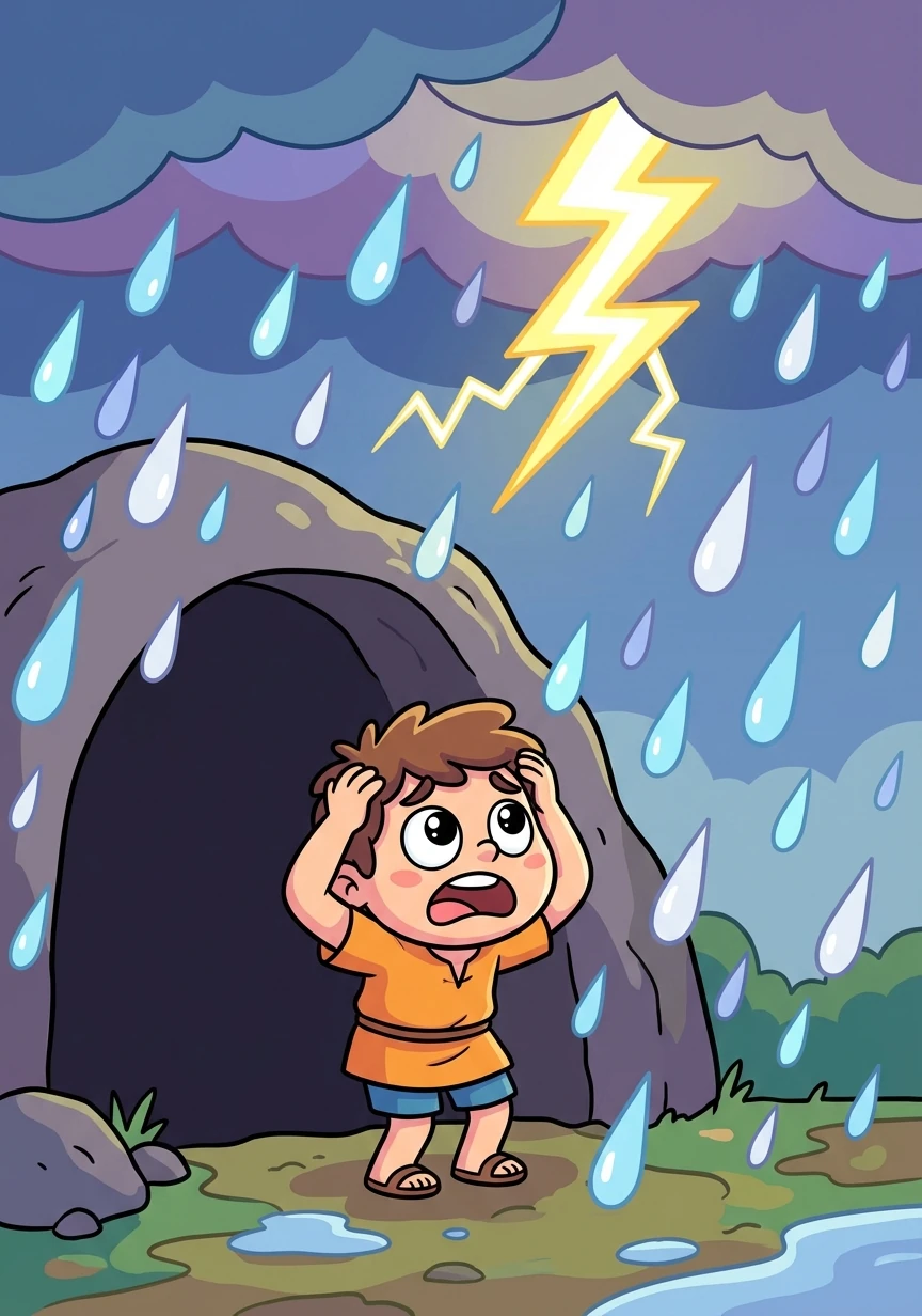 Πριν μπει μέσα στη σπηλιά, άρχισε να βρέχει καταρρακτωδώς και να αστράφτει. Ο Αρίωνας τρόμαξε.