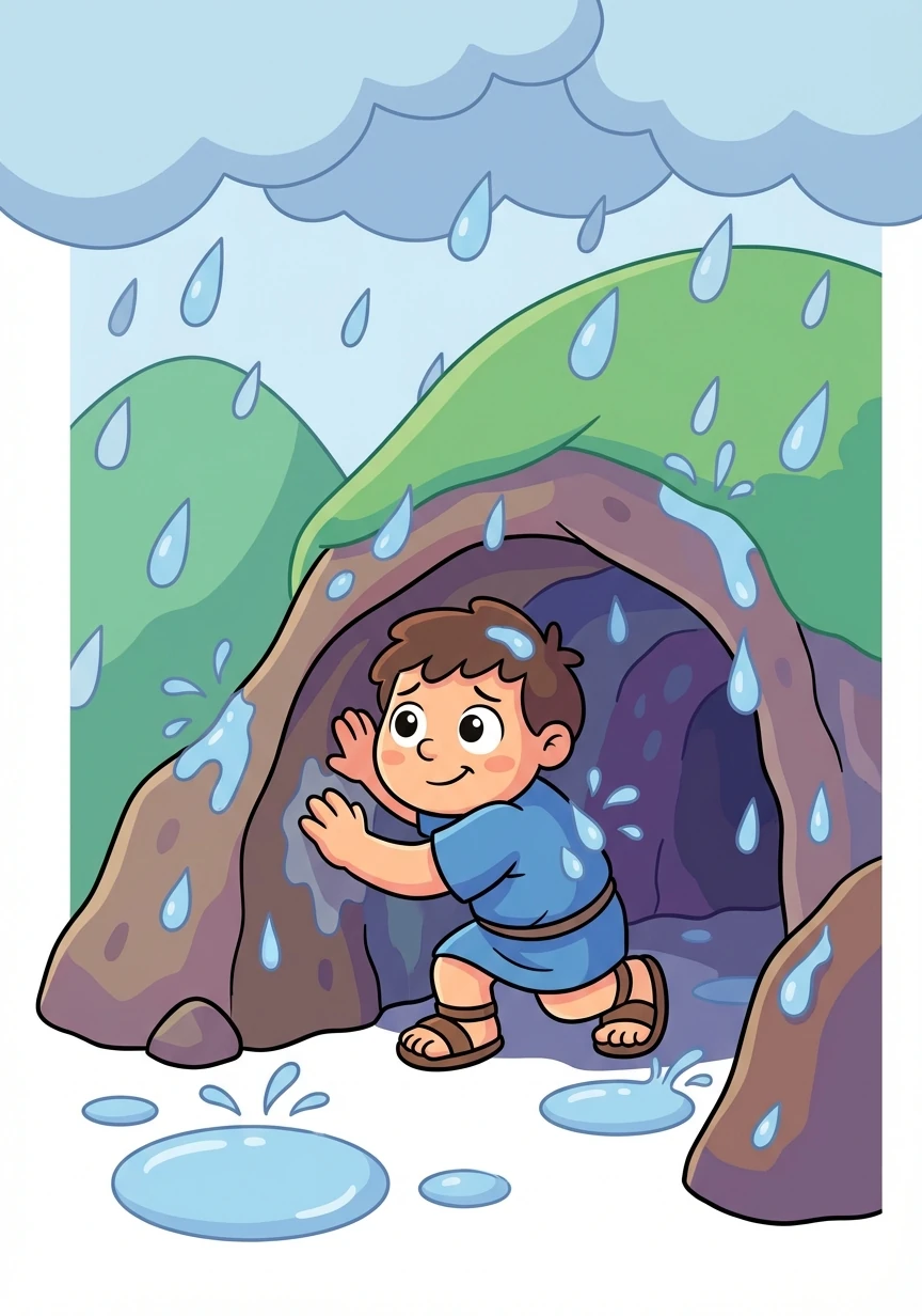 Έτρεξε και πρόλαβε να μπει στη σπηλιά για να περιμένει μέχρι να σταματήσει η βροχή. Η σπηλιά ήταν σκοτεινή και υγρή.