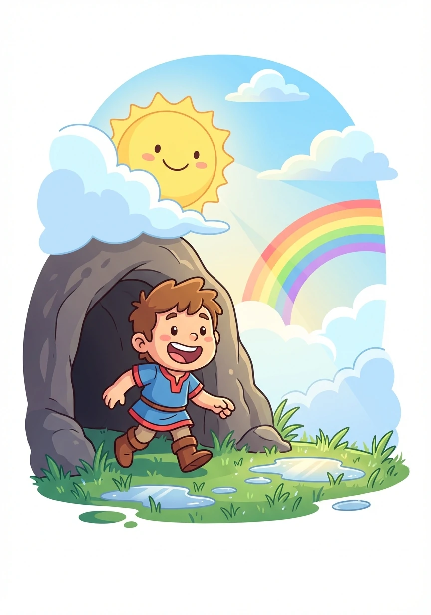 Μετά από λίγη ώρα, η βροχή σταμάτησε και ο ήλιος άρχισε να λάμπει ξανά. Ο Αρίωνας βγήκε από τη σπηλιά.