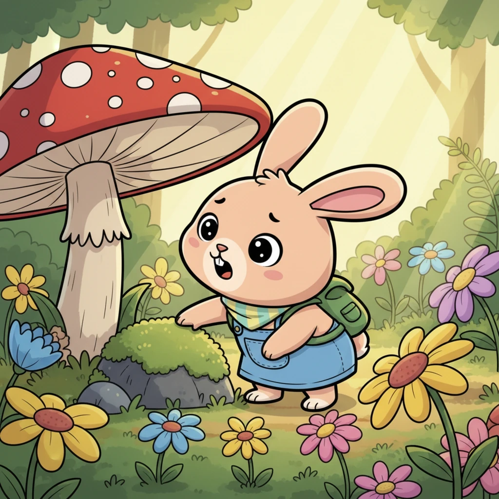 With a brave hop, Pip ventured out into the sunny forest, his ears twitching at every rustle. He peeked under giant toadstools and behind mossy rocks, calling out softly, "Mommy? Are you there?" The colorful flowers seemed to sway in answer, but his mother was nowhere in sight.