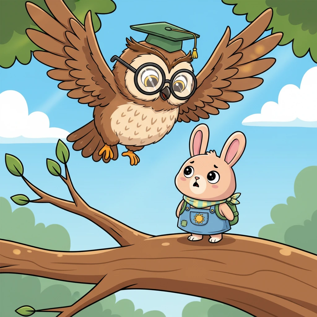 Perched on a high branch, a wise old Owl named Professor Hoot observed Pip's worried hops. With a gentle hoot, Professor Hoot swooped down, his large spectacles glinting in the sunlight. "Lost, little one?" he asked kindly, "Perhaps I can help."