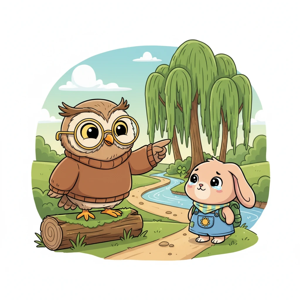 Professor Hoot listened carefully to Pip's soft whimpers and then pointed a wing towards the Whispering Willows by the stream. "Your mother often gathers sweet clover there," he chirped, "Follow the path, and be brave, Pip!" Pip nodded, a spark of hope flickering in his heart.