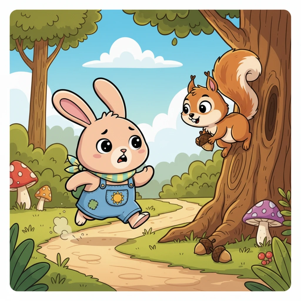 As Pip scampered along the path, a bushy-tailed Squirrel named Squeaky zipped down a tree trunk. Squeaky was busy burying acorns but paused to notice Pip's worried face. "What's the rush, little buddy?" Squeaky chattered, tilting his head curiously.