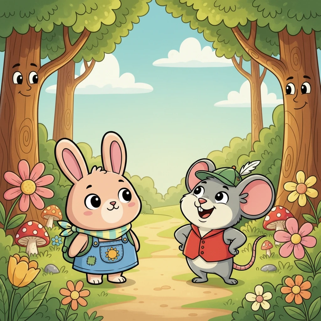 Pip explained his predicament, and Squeaky, a friend to all, immediately offered to help. "I know these woods like the back of my paw!" Squeaky boasted, puffing out his chest. "Let's go together, two pairs of eyes are better than one!"