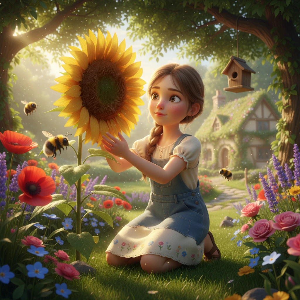 Lily, a curious girl with bright, inquisitive eyes, knelt in her grandmother's vibrant garden. Sunlight dappled through the leaves, illuminating dust motes dancing in the air. She gently touched the soft petals of a sunflower, a quiet observer in a world full of buzzing bees and rustling leaves.