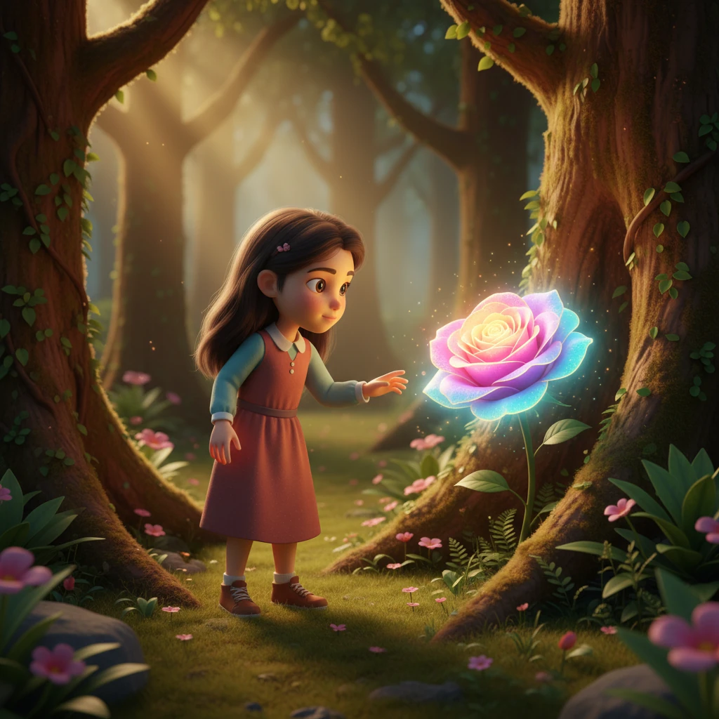 Her gaze drifted to a secluded corner, where a single, unusually radiant rose bloomed. Its petals shimmered with an iridescent glow, unlike any other flower she had ever seen. The rose seemed to pulse with a gentle, inviting light, drawing her closer with an unspoken promise.