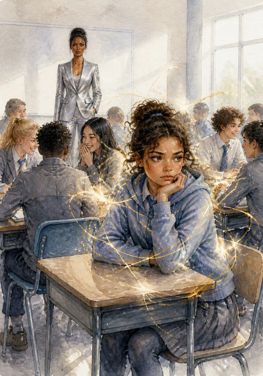 Desara sat in the back of her crowded classroom, her mixed heritage making her feel like a puzzle piece from a different set. While other students whispered about weekend plans, she stared at the air, sensing a strange, shimmering tension that no one else seemed to notice.