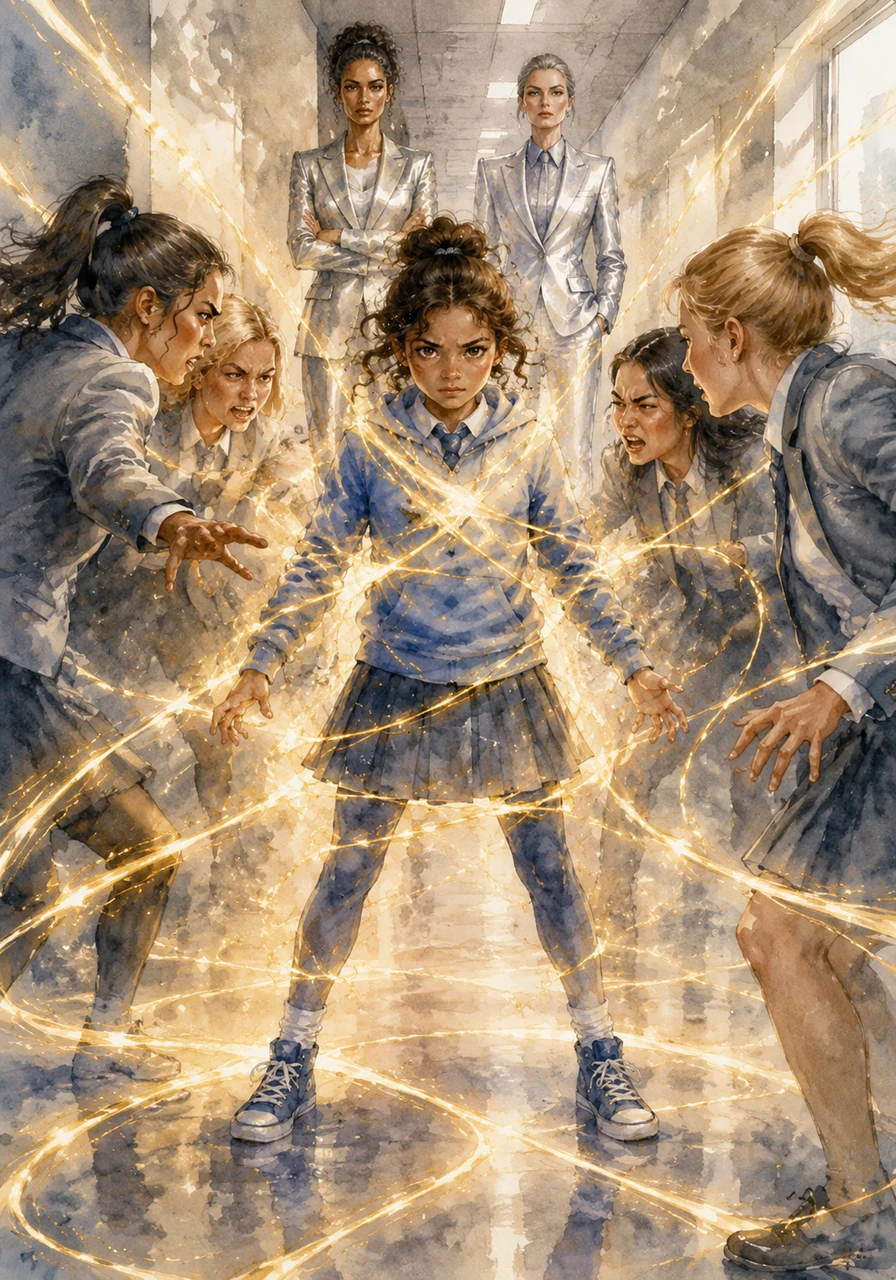 When a group of bullies pushed her too far in the hallway, a surge of hot frustration boiled in Desara’s chest. Suddenly, glowing golden lines erupted from the walls and floor, wrapping around her like protective silken webs that hummed with the energy of distant stars.