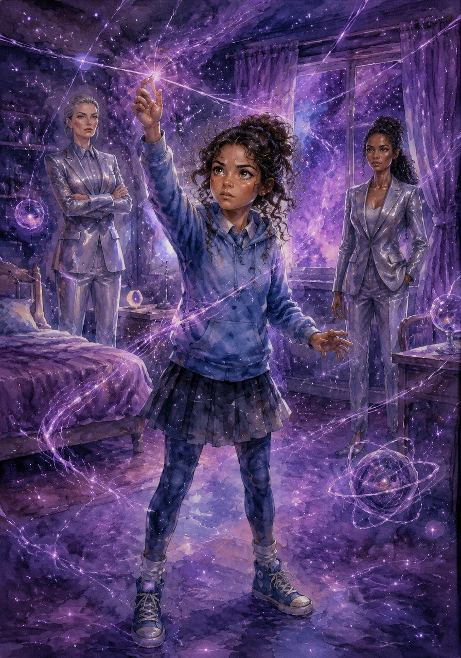 Back in the safety of her room, Desara reached out and plucked a translucent thread hanging in mid-air. To her amazement, the thread vibrated, and the light in the room shifted from warm yellow to a deep, cosmic violet as if she were rewriting the laws of physics.
