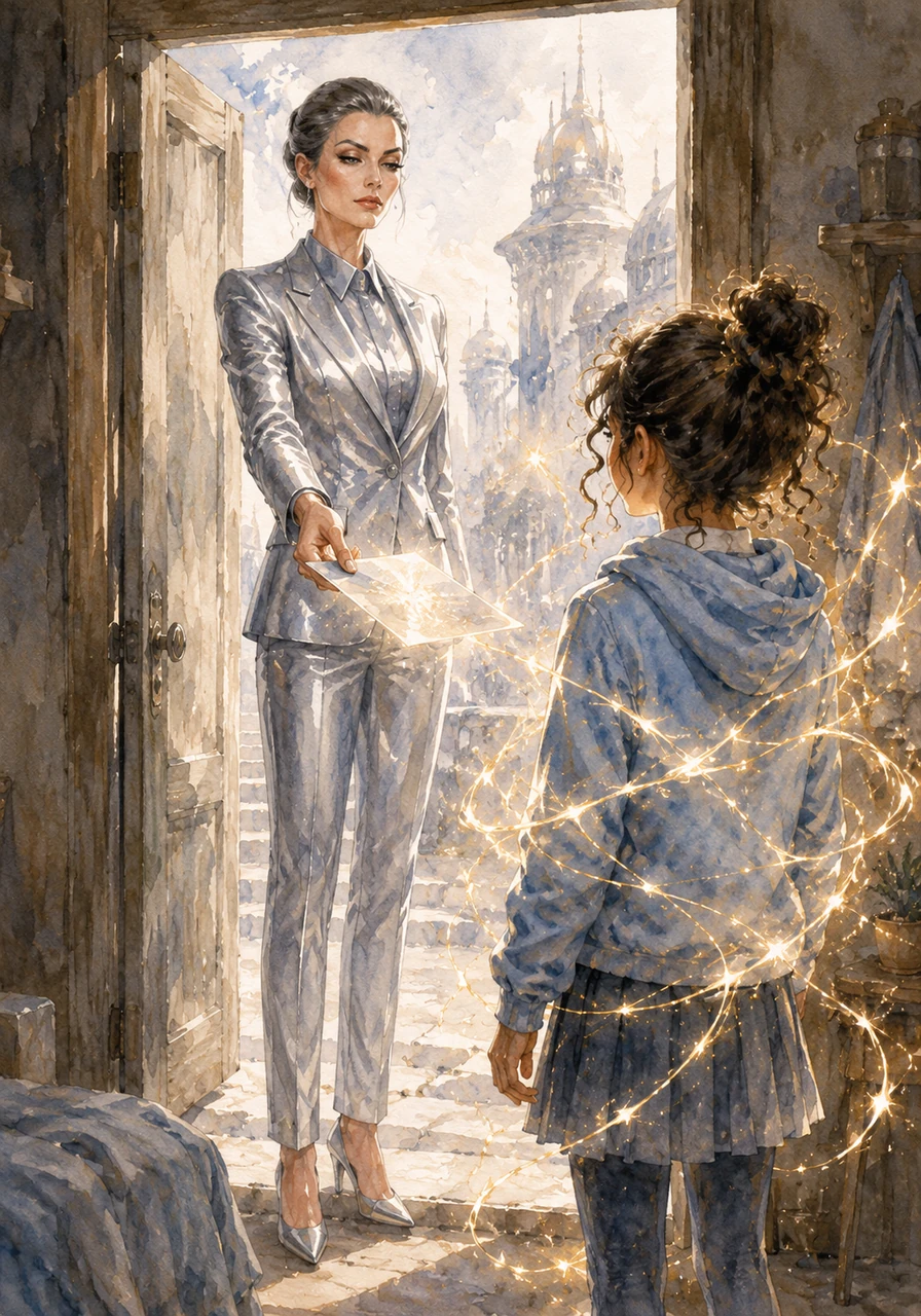 A tall woman in a silver suit appeared at Desara's doorstep, handing her a shimmering invitation to the Aetheria Academy. She promised that there, Desara would finally learn to master the volatile strands that responded to her every heartbeat.