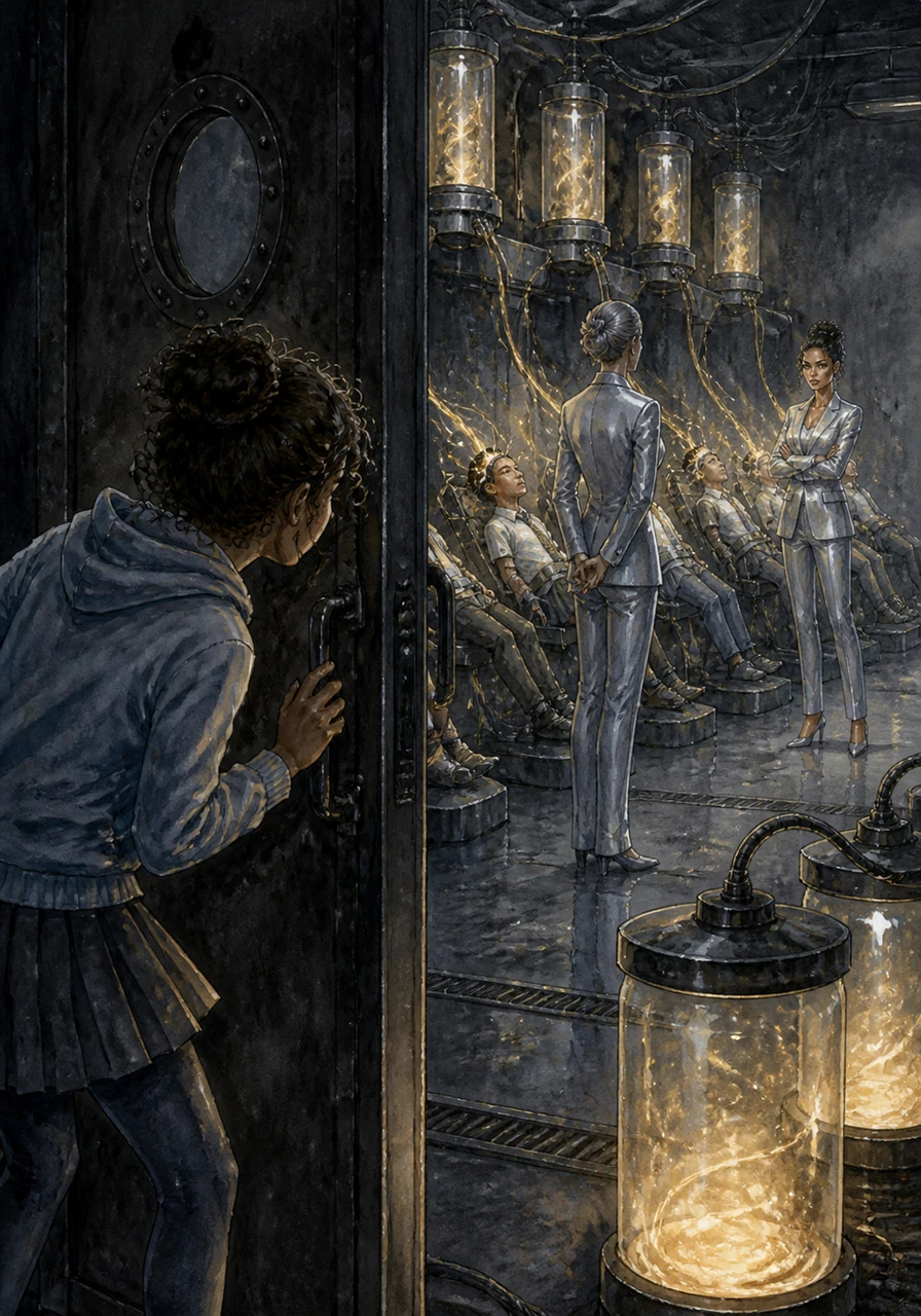 Late one night, Desara followed a trail of glowing residue into the academy’s forbidden basement. She peered through a heavy iron door and saw students hooked to machines, their cosmic threads being drained into glowing canisters.