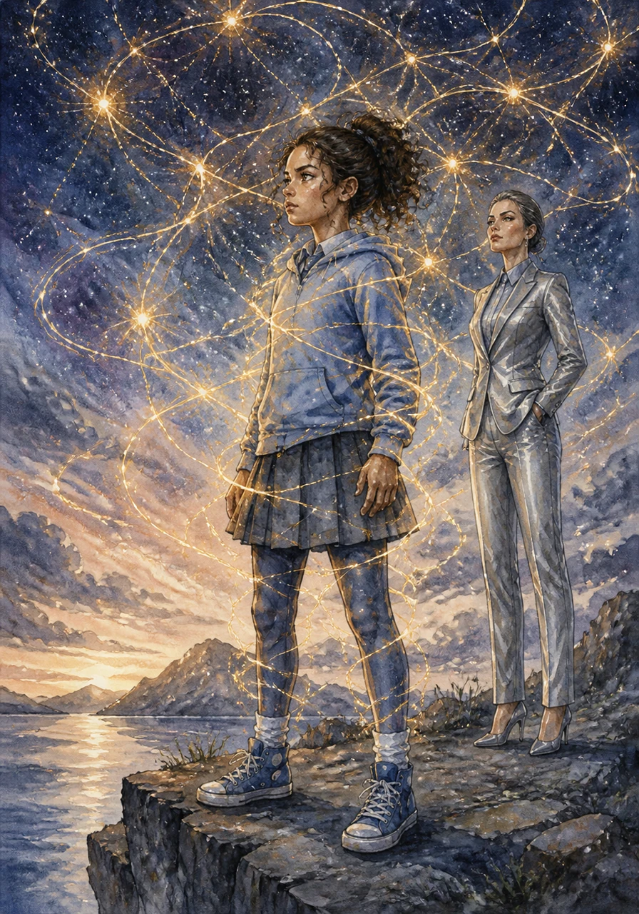 Desara stood on a cliffside far from the ruins of the school, watching the night sky pulse with the same threads that lived within her. She was no longer a student or a victim, but a guardian of the cosmic web, ready to face whatever shadows came next.