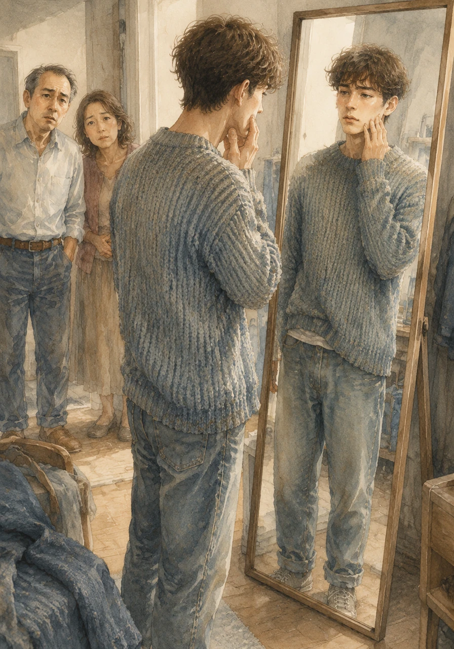 Leo stands before a tall mirror, touching his face and noticing the sharp angles of his jaw that weren't there before. His favorite sweater feels like a costume that no longer fits, a heavy shell he is slowly outgrowing.