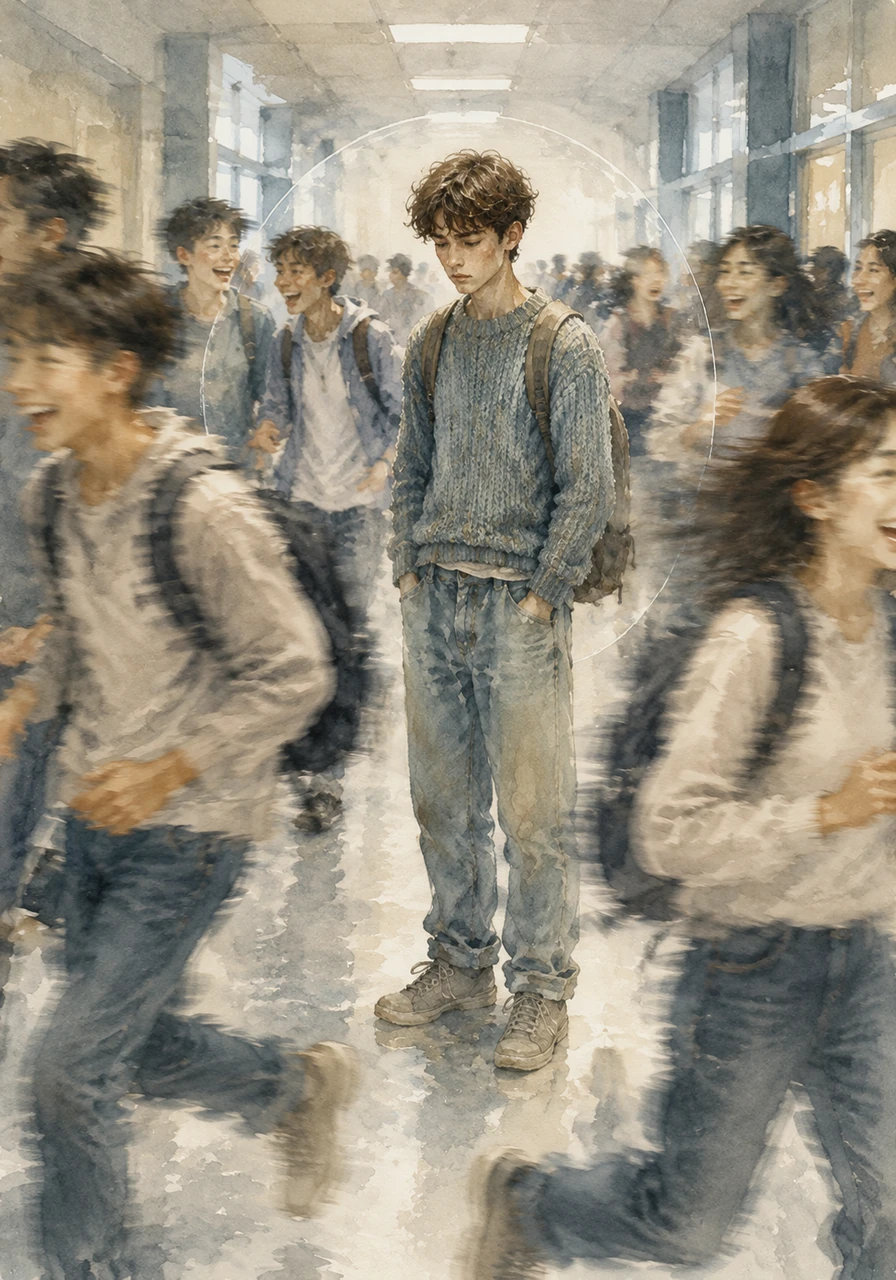 In the middle of a bustling school corridor, Leo feels a strange, invisible barrier separating him from the laughter and chatter of his peers. The world moves in fast-forward while he remains in slow motion, feeling like a ghost in his own life.