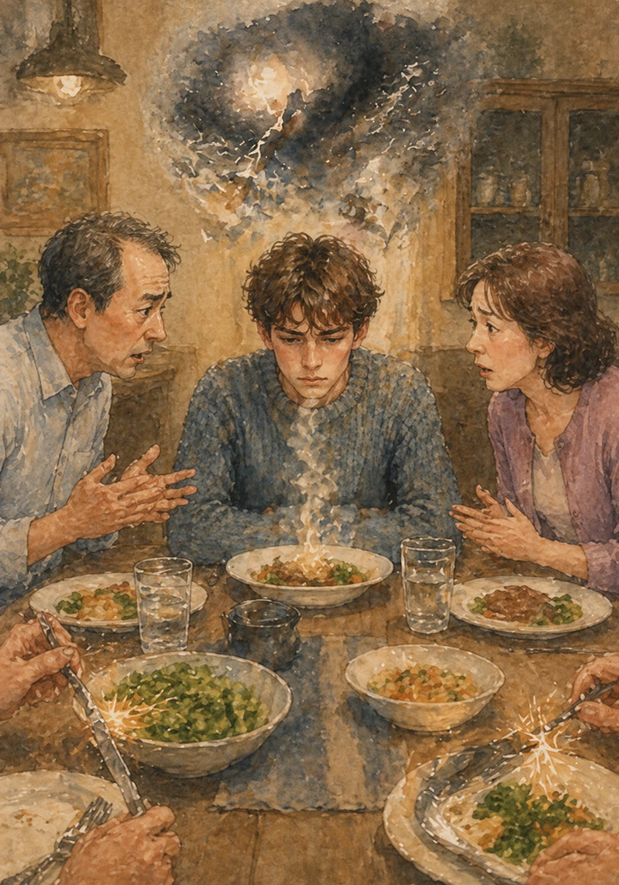 During a quiet family dinner, the clinking of silverware sounds like thunder, and the simple questions from his parents feel like a foreign language. He stares at the steam rising from his plate, retreating into the fortress of his own silent thoughts.