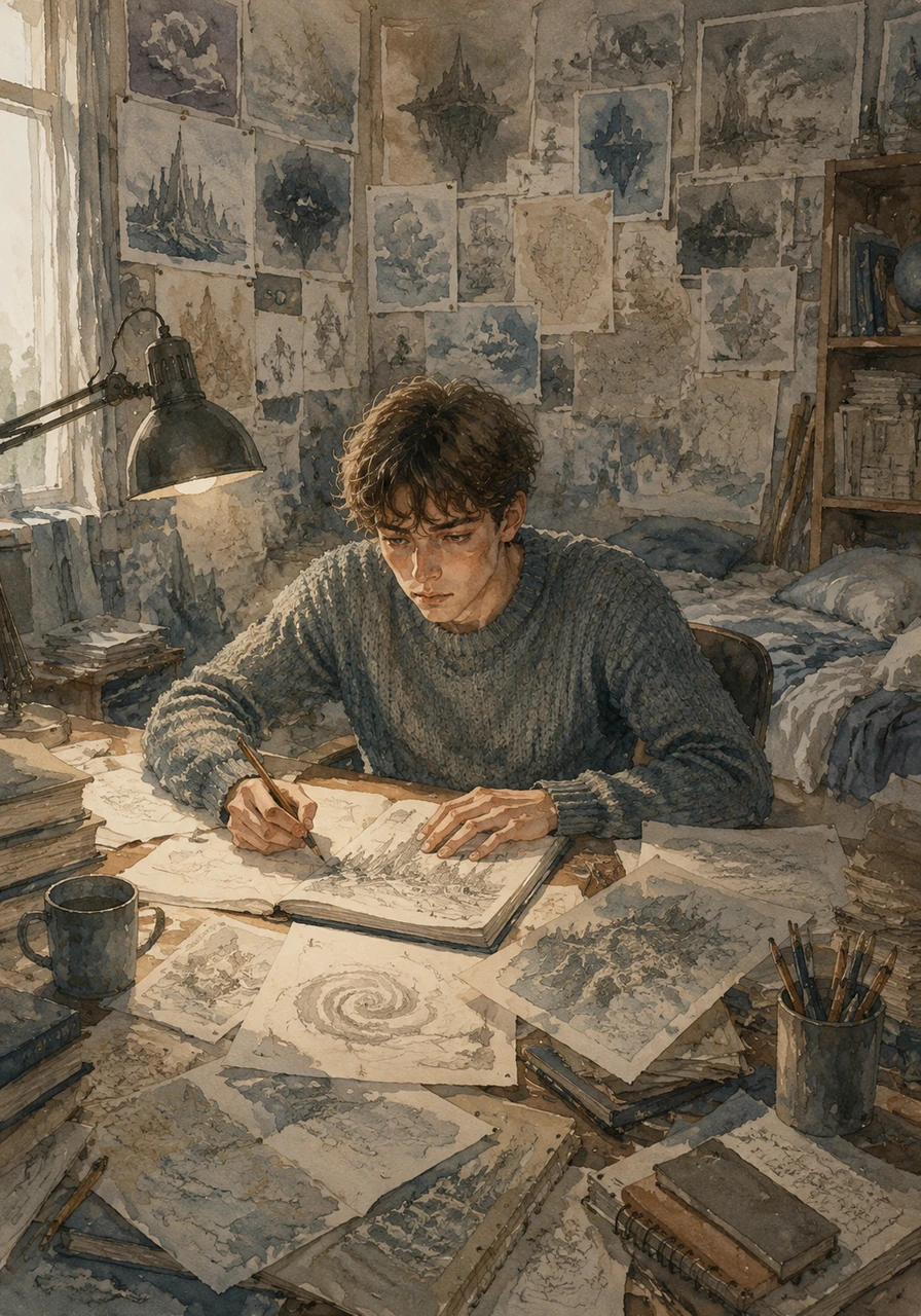 Leo spends hours alone in his room, surrounded by sketches of strange landscapes and maps of places that don't exist. The walls are covered in notes as he tries to decipher the shifting weather of his own complex emotions.