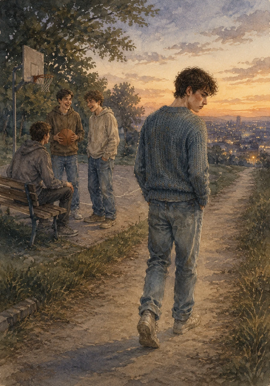 He tries to join his old friends at the park, but their jokes feel hollow and their games seem like distant memories. Without a word, he turns away, walking toward the edge of town where the city lights begin to fade into the dusk.