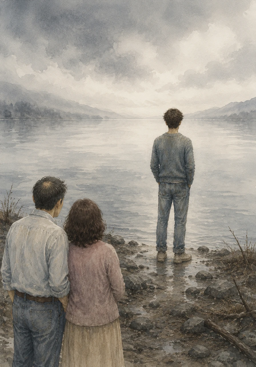 He finds himself at the edge of a vast, misty lake, feeling like the sole survivor of a great, invisible storm. The silence here is heavy and cold, matching the emptiness he carries inside his chest as he looks at the horizon.