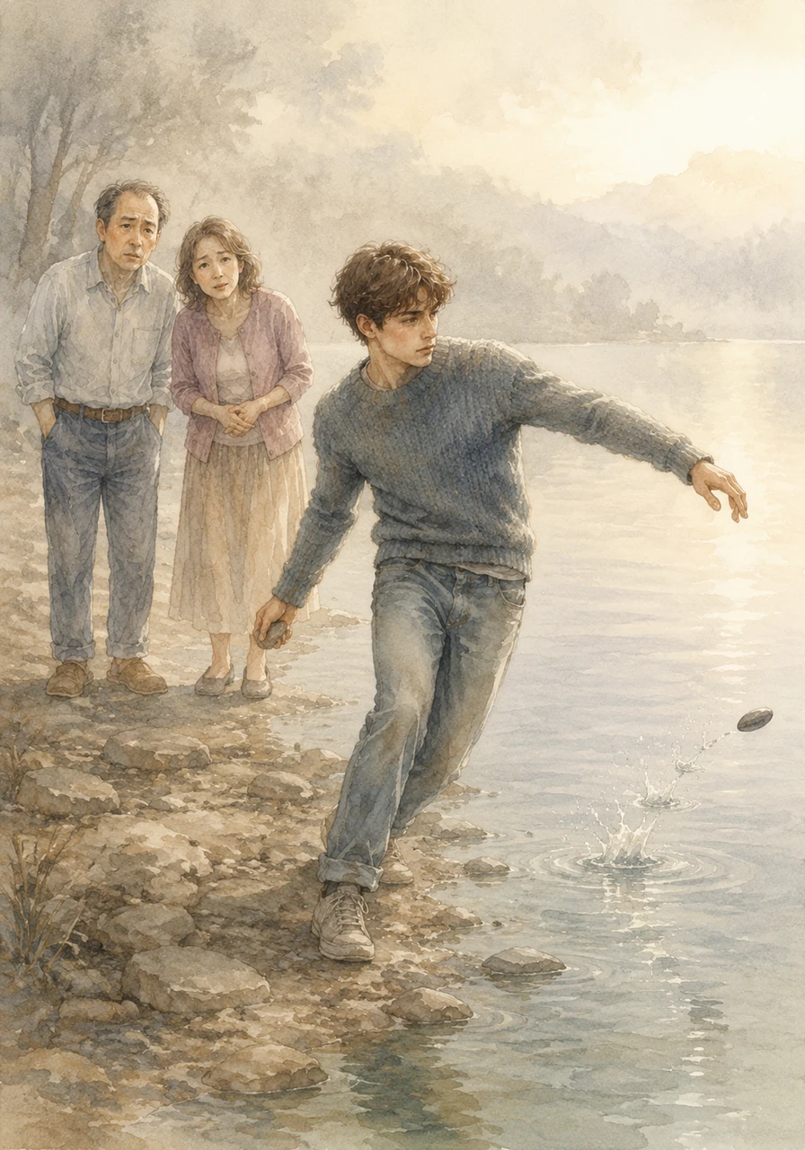 He picks up a smooth stone and skips it across the water, watching it cut through the mist with newfound purpose. He realizes that he doesn't need to fit into the old world when he can build a new one within himself.
