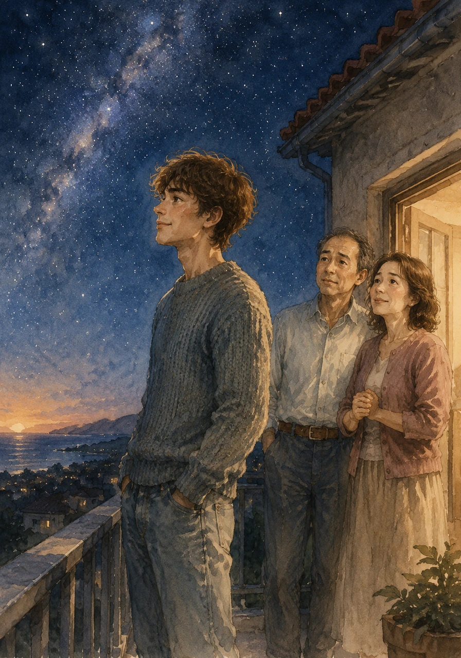 Standing on his balcony under a vast, starry sky, Leo looks out at the horizon with a calm, confident smile. The shipwreck of his childhood is over, and he is finally ready to captain his own life into the unknown.