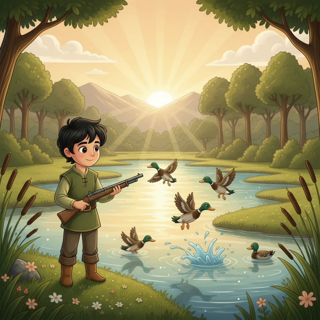 یک روز صبح، علی با تفنگش از خانه بیرون زد و به سمت تالاب رفت. خورشید تازه داشت از پشت کوه‌ها بیرون می‌آمد و نور طلایی‌اش بر روی آب می‌افتاد. مرغابی‌ها در حال پرواز و بازی در تالاب بودند.