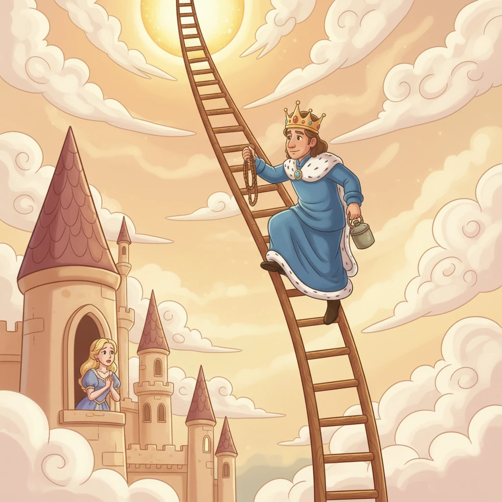 Decidido a poseer el sol, Aurelio ordenó construir una escalera que alcanzara el cielo. Con determinación, subió con una cuerda y una cantimplora, dejando a la Reina preocupada en el castillo.