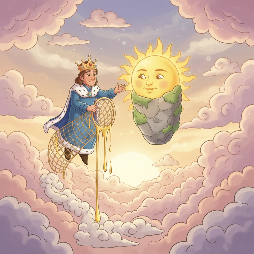 Arriba, entre las nubes, Aurelio intentó atrapar el sol con una red de oro, pero esta se derritió al instante. El sol le habló, revelando que no era un objeto para ser encerrado, y se transformó en una piedra.