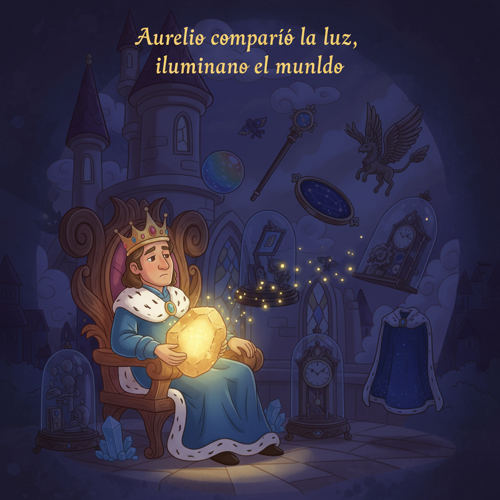 Aurelio guardó la piedra-sol y regresó a su reino, sumiendo todo en la oscuridad. El mundo se apagó, pero el Rey comprendió que la felicidad reside en compartir la luz.