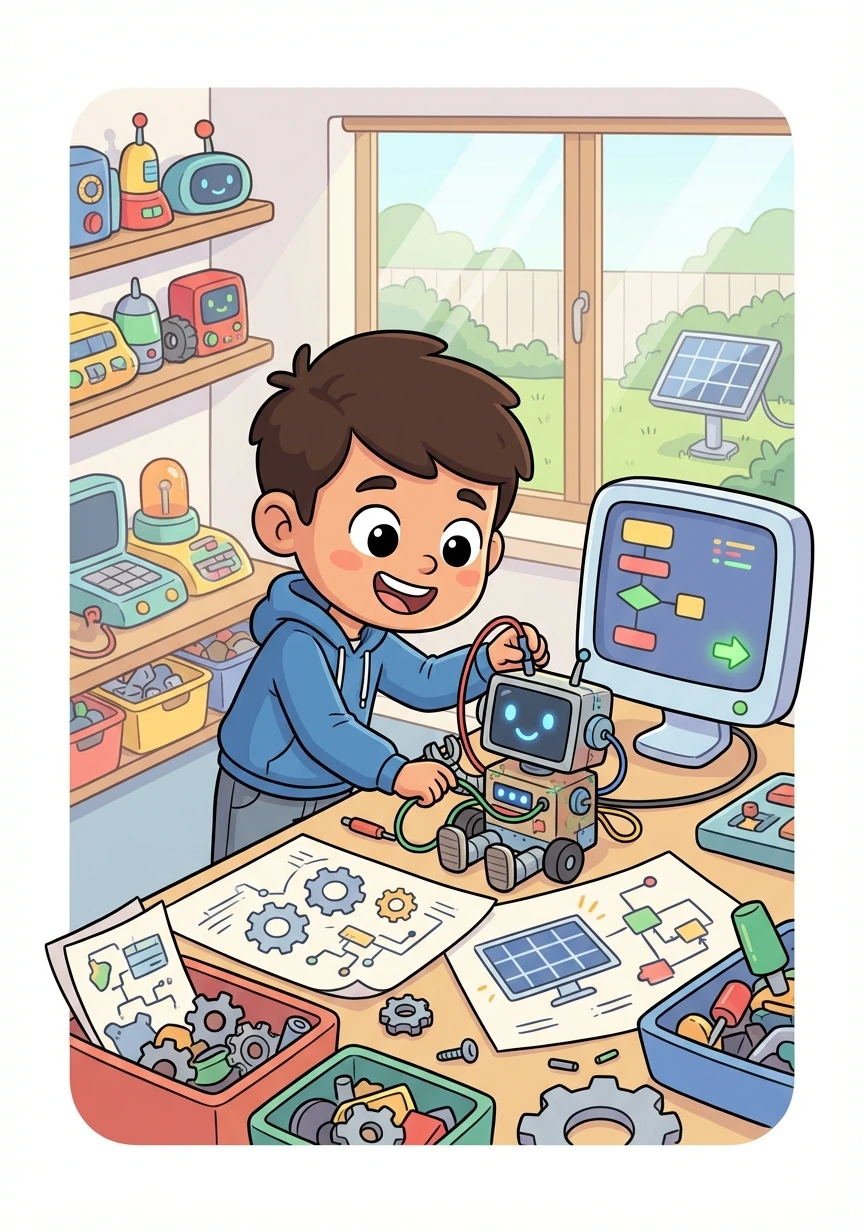 He builds his own AI projects, creating innovative solutions to real-world problems. His skills and confidence grow with each project.