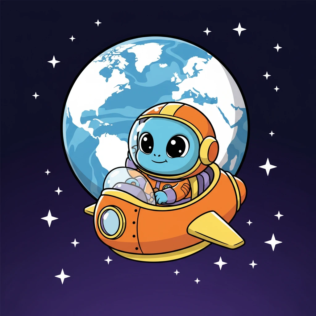 High above the swirling blue marble, a tiny spaceship zipped through the stars. Inside, a little alien named Cosmo peered out, his eyes wide with sparkling curiosity. Earth looked like a giant, inviting playground, and Cosmo couldn't wait to explore its secrets. He adjusted his tiny pilot's helmet and set a course for the vibrant planet below.