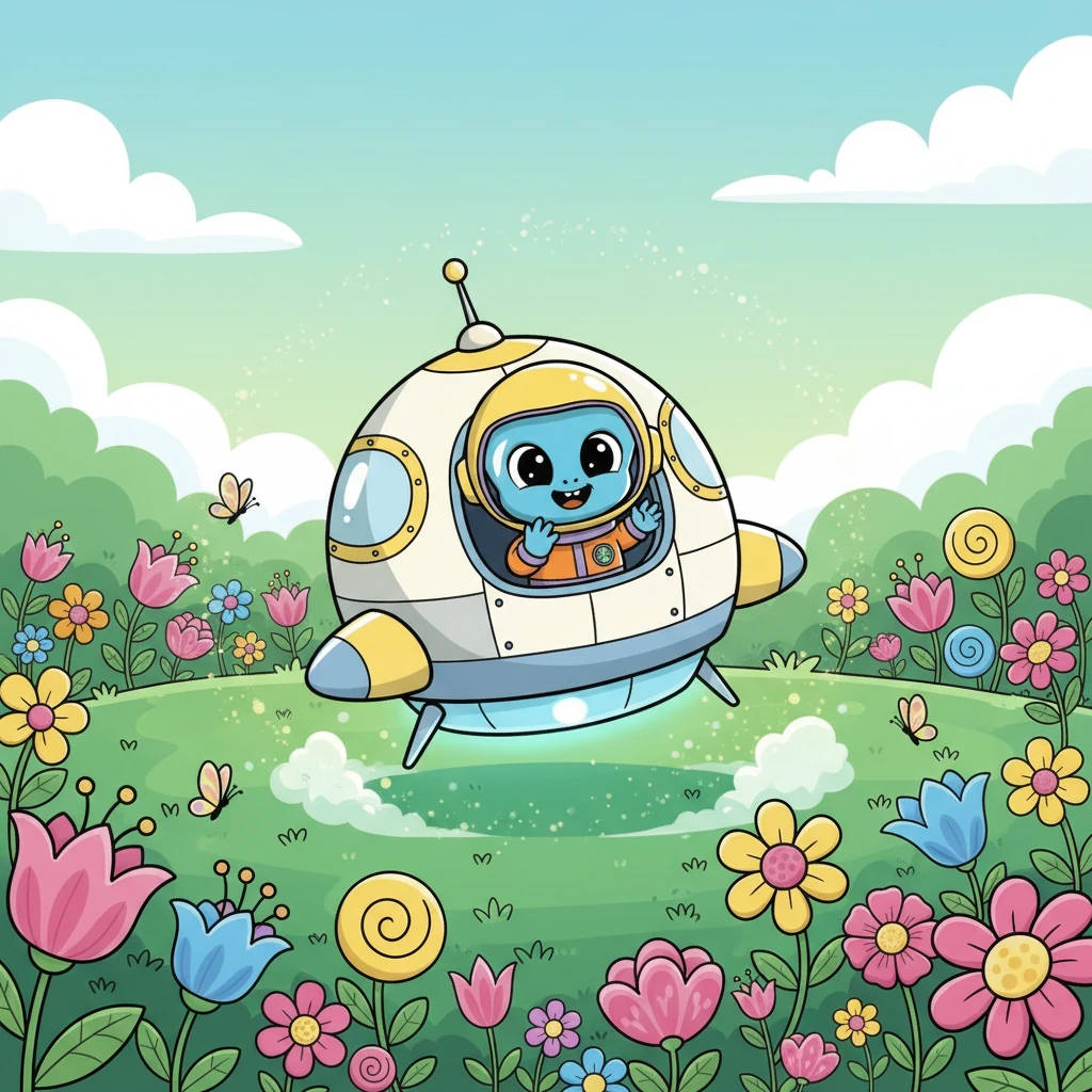 With a gentle whir and a soft puff of stardust, Cosmo's spaceship landed gracefully in a lush, green meadow. Bright, fantastical flowers bloomed everywhere, painting the landscape with a rainbow of colors. The air smelled fresh and sweet, unlike anything on his home planet, Xylos.