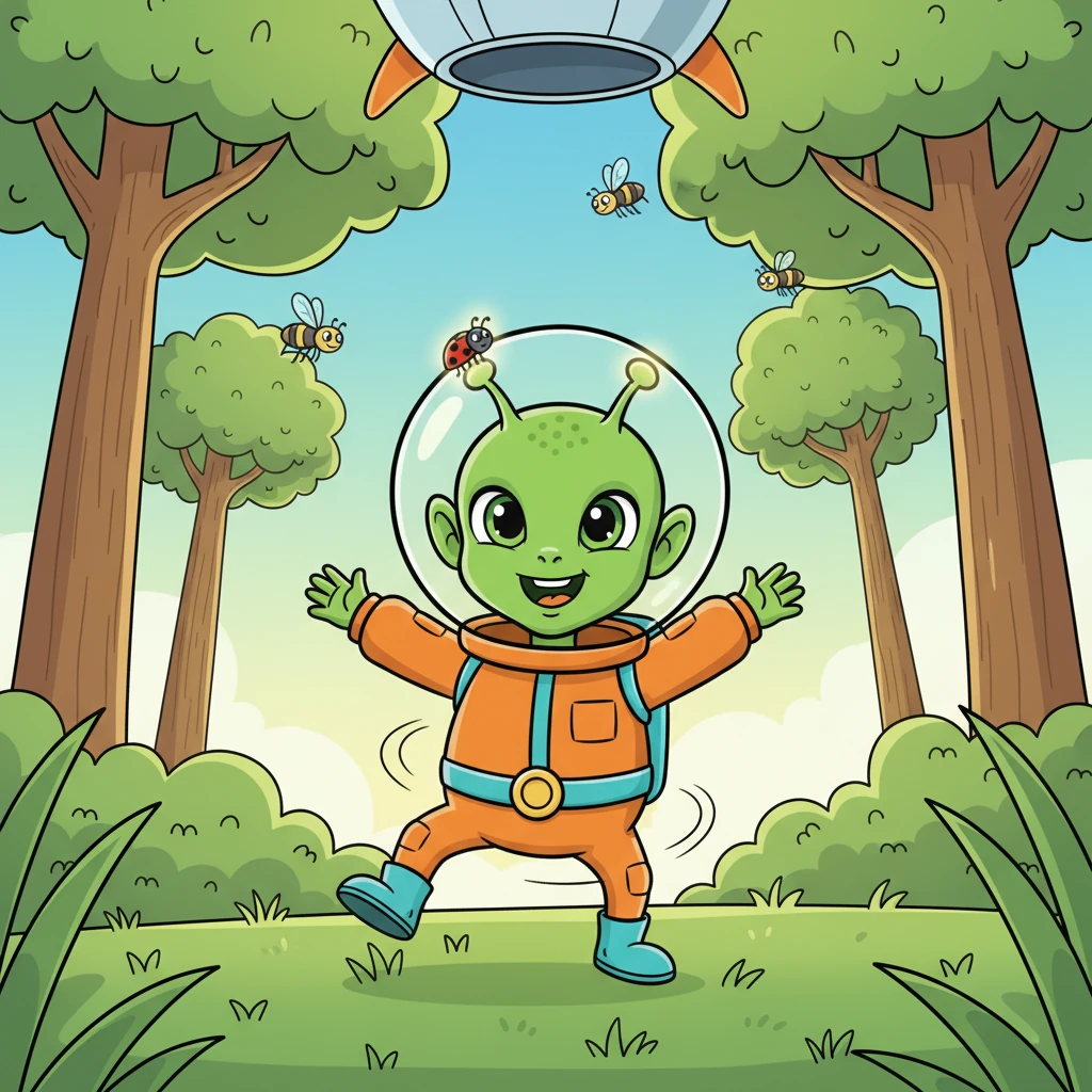 Cosmo carefully opened the hatch and floated down, his three wobbly legs touching the soft grass. He spun around, taking in the towering trees and buzzing insects. Everything was so big, so green, and so full of life! A curious ladybug landed on his glowing antenna, making him giggle.