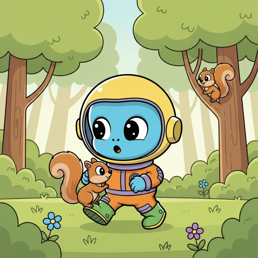 Suddenly, a fluffy-tailed squirrel darted past, chattering excitedly. Cosmo froze, his big eyes blinking in surprise. The squirrel, equally startled, paused to sniff at Cosmo's shiny suit before scampering up a tree, inviting him to play.