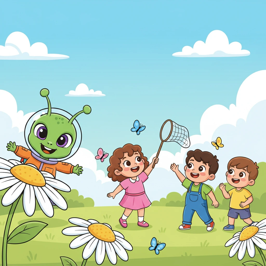 A burst of laughter echoed through the meadow, and Cosmo peeked around a giant daisy. A group of children, with rosy cheeks and bright smiles, were chasing butterflies. They spotted Cosmo and, instead of being scared, waved with friendly curiosity.