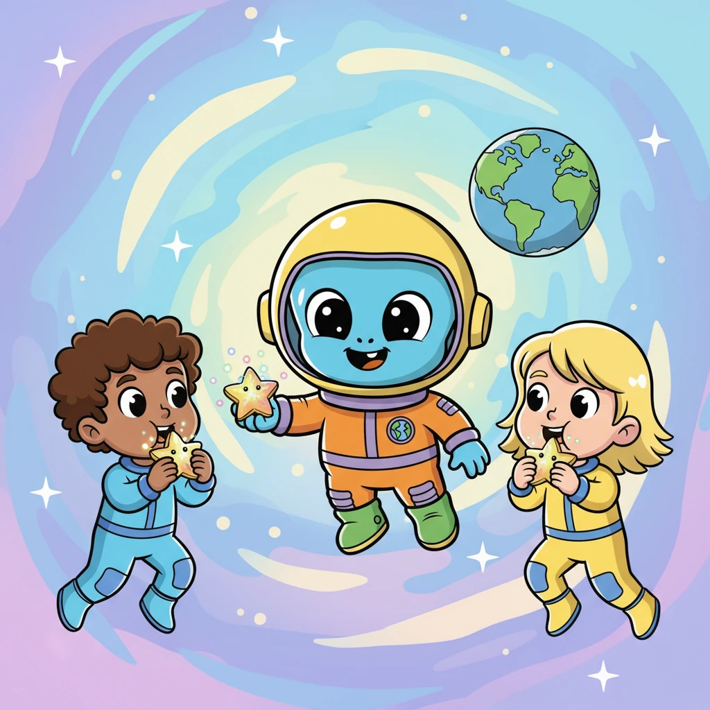Cosmo, feeling brave, floated closer and offered them a shimmering, star-shaped fruit from his pocket. The children gasped in delight, their eyes wide at the magical treat. They carefully took bites, their faces lighting up with happy surprise at the sweet, fizzy taste.