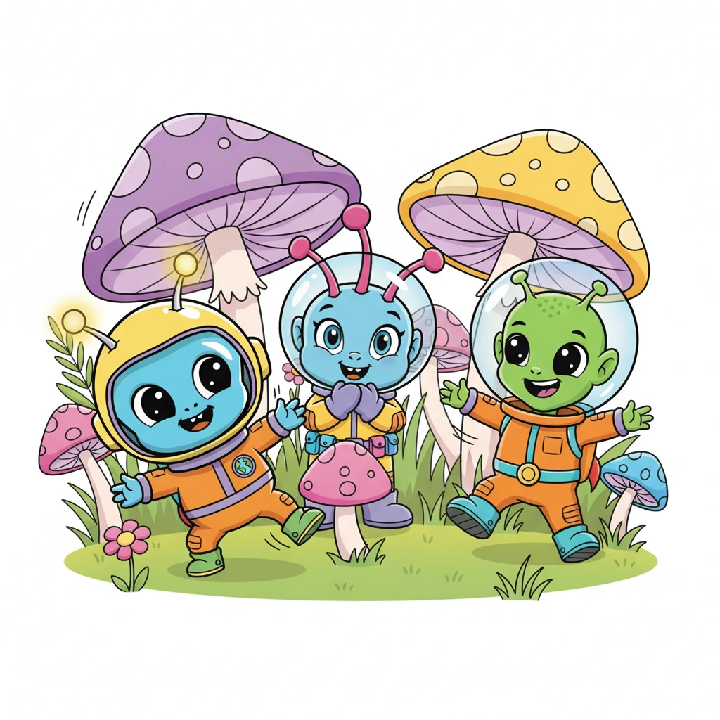 Soon, Cosmo and his new Earth friends were playing a joyful game of hide-and-seek among the giant, colorful mushrooms. Cosmo's wobbly legs were perfect for quick dodges, and his glowing antenna helped him find the best hiding spots. Laughter filled the air as they chased each other through the vibrant meadow.