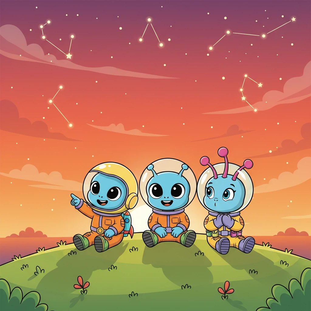 As the sun began to dip below the horizon, painting the sky in fiery oranges and soft purples, Cosmo sat with his friends. He had never seen such a magnificent sight on Xylos. They shared stories, pointing out constellations and dreaming of adventures.
