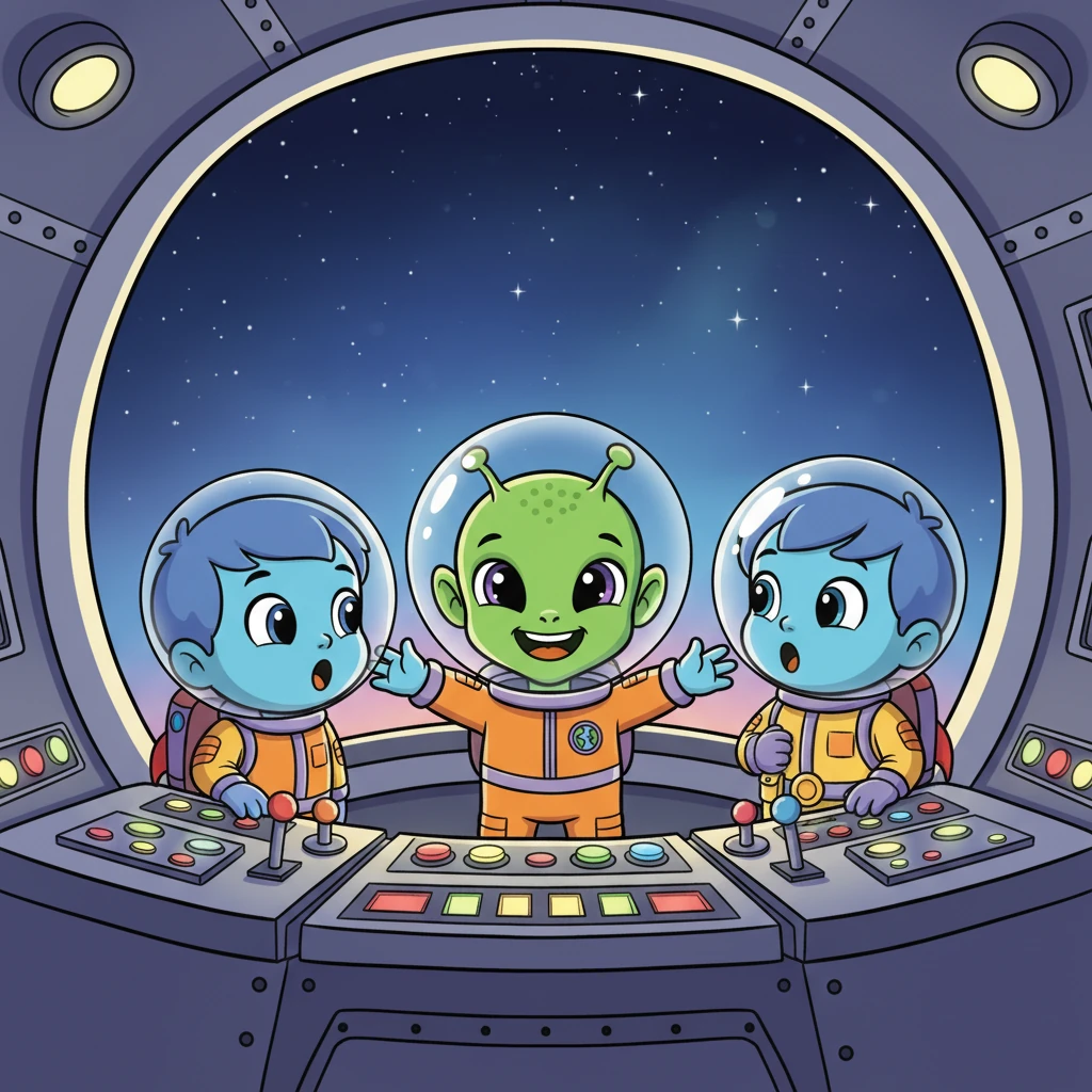 Before it got too dark, Cosmo invited the children to see his spaceship, which glowed softly in the twilight. Their eyes grew even wider as they stepped inside, marveling at the blinking lights and whirring buttons. Cosmo showed them how he steered through the stars.
