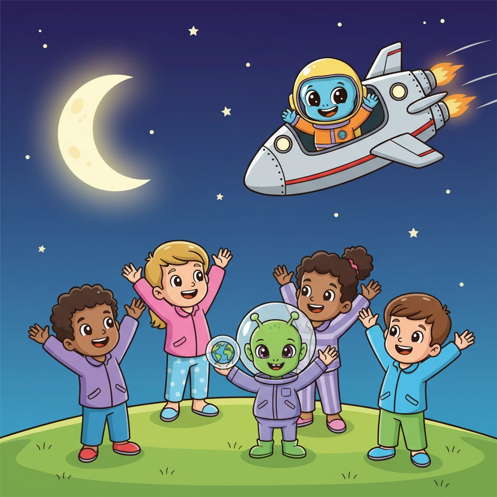 With a promise to return and share more cosmic adventures, Cosmo waved goodbye from his open hatch. The children waved back, their faces beaming with excitement and friendship. As his spaceship zipped into the night sky, Cosmo knew Earth was a truly wonderful place, full of incredible friends.
