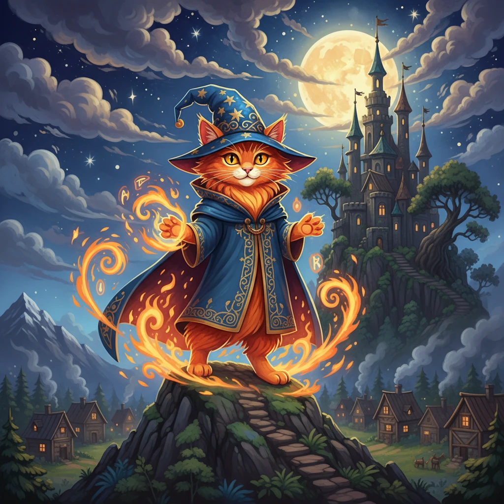 В далекой волшебной стране, на вершине высокой горы, жил кот по имени Огненный Кот. Он был не просто котом, а могущественным волшебником, владеющим магией огня. Его глаза сверкали, как два пылающих уголька, а шерсть переливалась огненными оттенками.