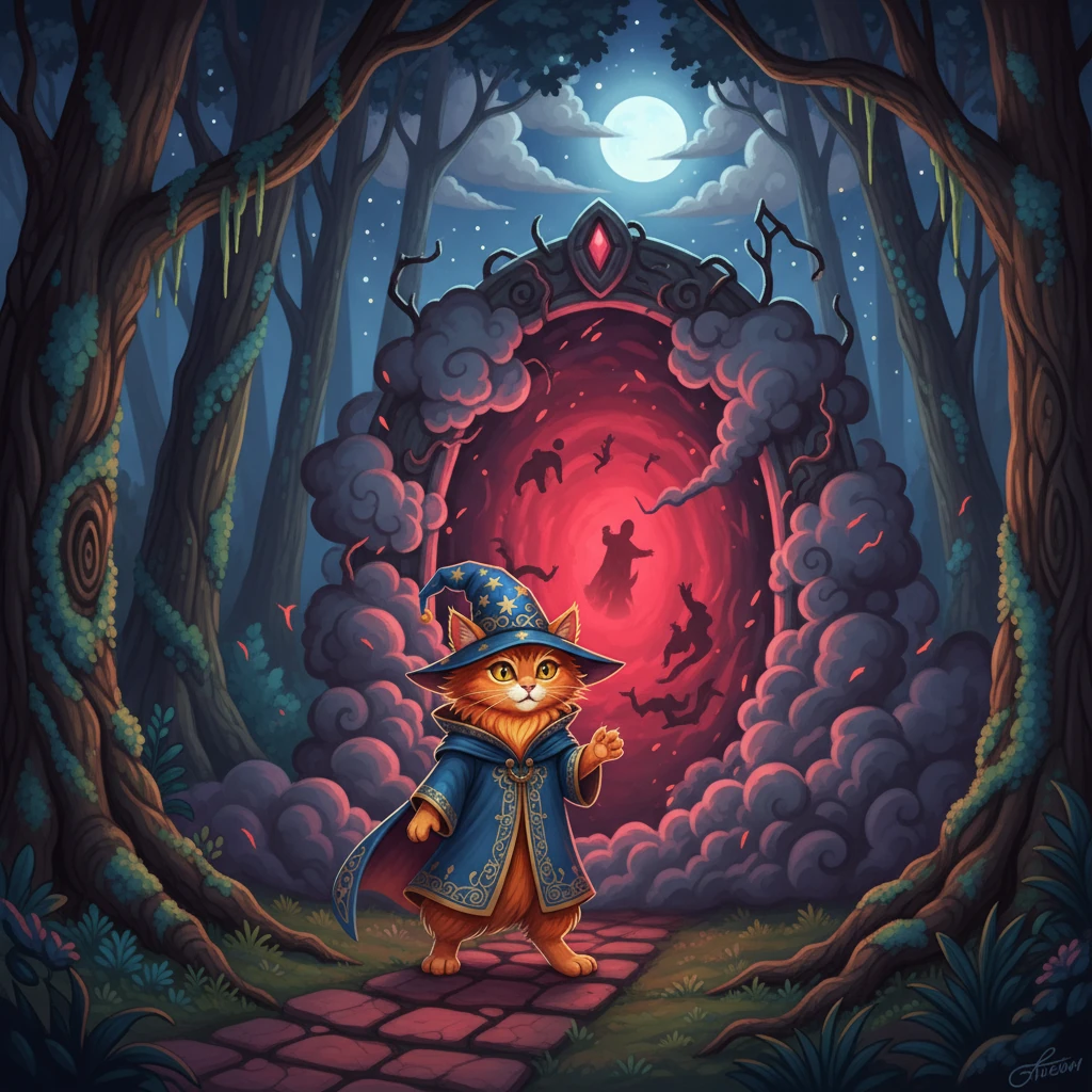 Однажды, во время путешествия по загадочному лесу, Огненный Кот обнаружил странный портал, окутанный клубами дыма. Из него доносились зловещие звуки и мерцало красное свечение. Кот понял, что это путь в неизвестный мир, полный опасностей.