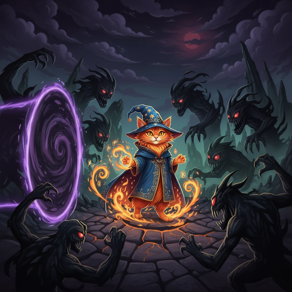 Отважно шагнув в портал, Огненный Кот оказался в мрачном месте, населенном жуткими монстрами. Эти существа были созданы из тьмы и ненависти, и их единственной целью было уничтожение всего живого. Кот понял, что ему предстоит опасная битва.