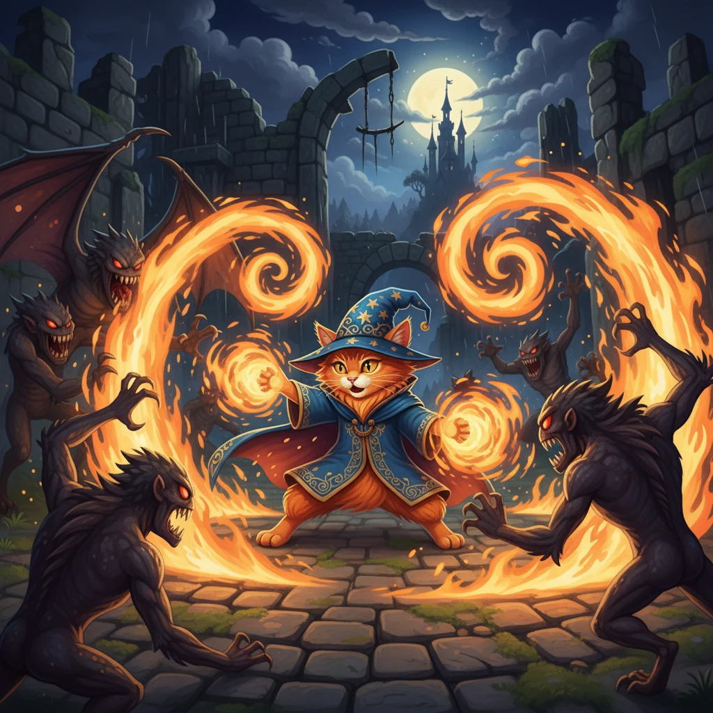 Используя свою магию огня, Огненный Кот сражался с монстрами, выпуская мощные огненные шары и создавая огненные барьеры. Его храбрость и мастерство были невероятными, и он умело уклонялся от атак противников, чтобы найти уязвимые места.