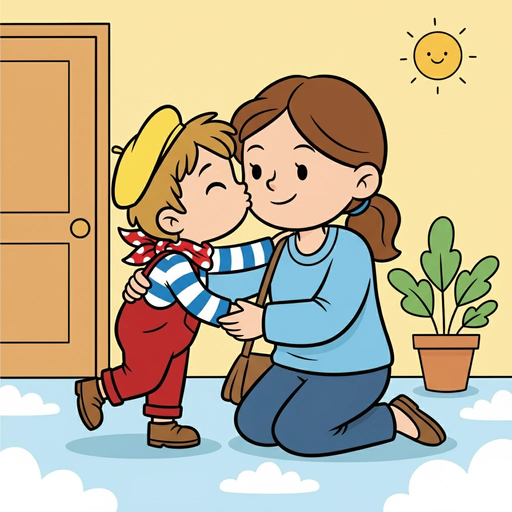 Le mardi matin, avant que maman ne parte travailler, Nathan lui fait un doux bisou. Maman lui serre fort la patte et lui promet de revenir vite. Nathan adore les bisous du matin.