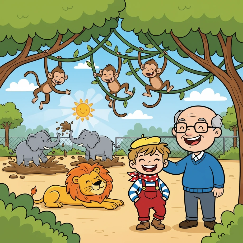 Au zoo, Nathan et Papy regardent les singes qui se balancent, les lions qui se prélassent au soleil, et les éléphants qui prennent des bains de boue. Nathan rit beaucoup.