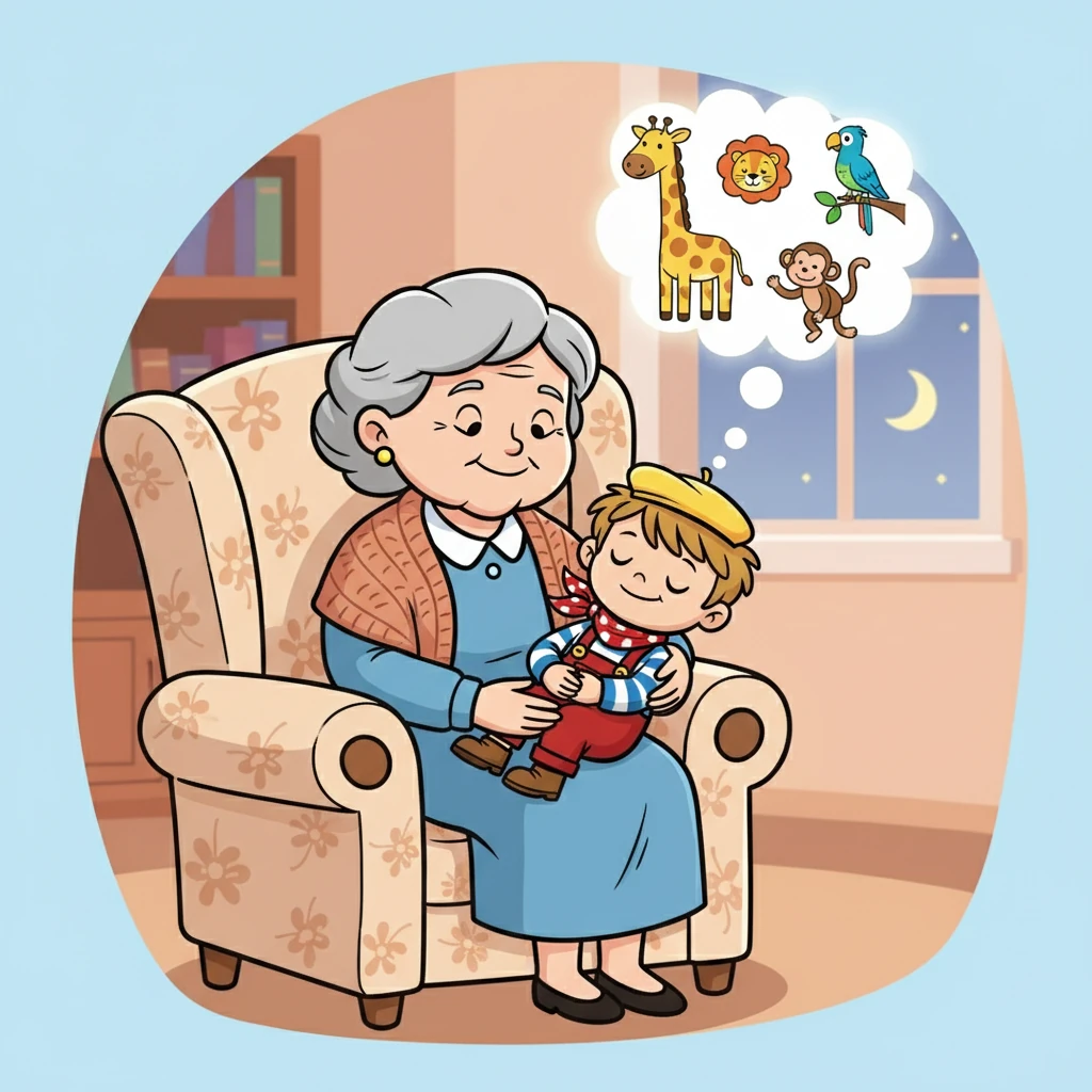 Après une longue journée de jeux et d'aventures, Nathan s'endort paisiblement dans les bras de Mamie. Il rêve de ses amis les animaux et de ses sorties au zoo.