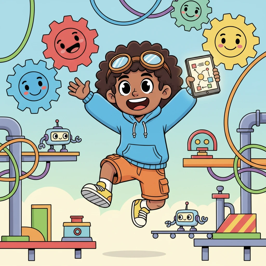 Figma Finn, a small inventor with a giant grin and even bigger goggles, bounced in his workshop. Around him, gears spun happily and colorful wires looped like spaghetti. He held up a magical glowing tablet, his "Figma Board," ready for a new adventure in connecting ideas.