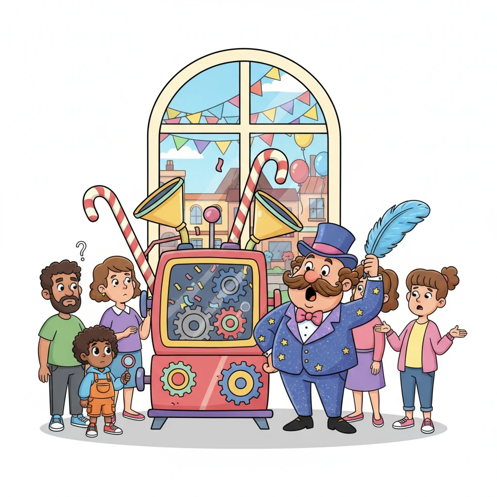 Outside Finn's window, the grand town festival was in a muddle. The Magnificent Marvel Machine, meant to launch confetti and bubbles, stood completely still, its levers droopy and its cogs silent. Everyone looked puzzled, especially Mayor Giggles who was scratching his head with a giant feather.