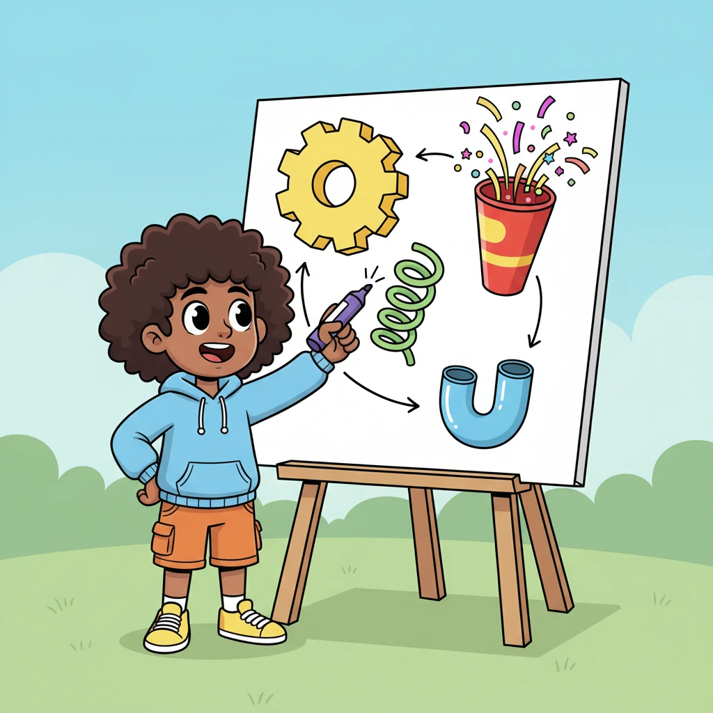 Finn began by drawing the machine's most important parts on his board. He sketched a chunky gear, a bouncy spring, a swirly pipe, and a grand confetti cannon, each a different bright color and exaggerated shape. These were the "entities" of his grand design.